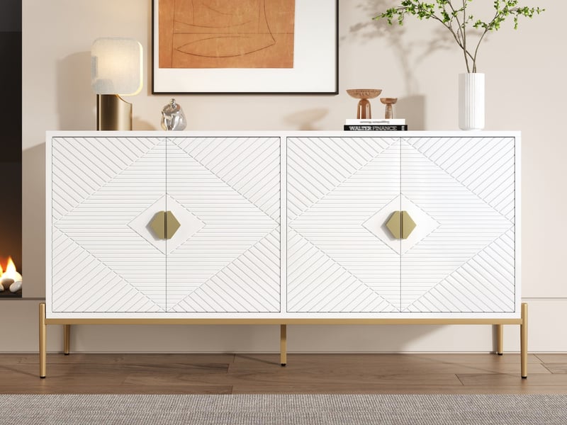  Buffet moderne, quatre portes, armoire, meuble de rangement, meuble à tiroirs, adapté au salonsalle à mangerentrée, blanc  - Conforama B