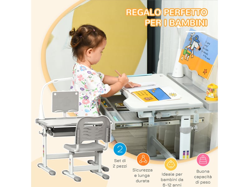 Bureau d'écolier avec chaise pour enfants de 6 à 12 ans, hauteur et inclinaison réglables, gris  - Conforama E