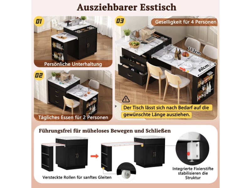  Îlot de cuisine mobile sur roulettes – table extensible avec led et multiprise, noir – îlot, buffet ou bar  - Conforama E