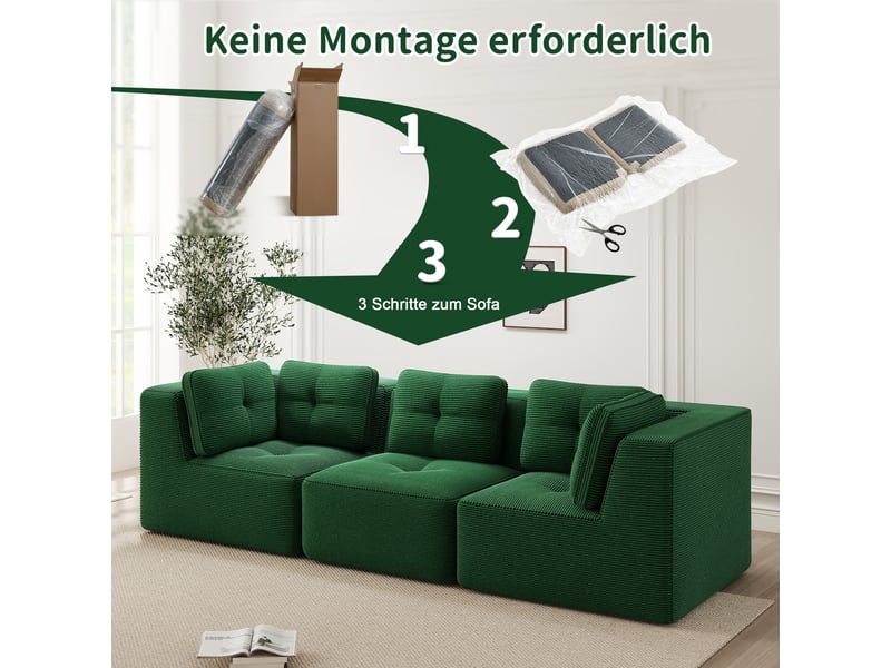 Canapé d'angle modulable 3 places en velours côtelé vert, sans montage, assise profonde, design sans cadre - Conforama W