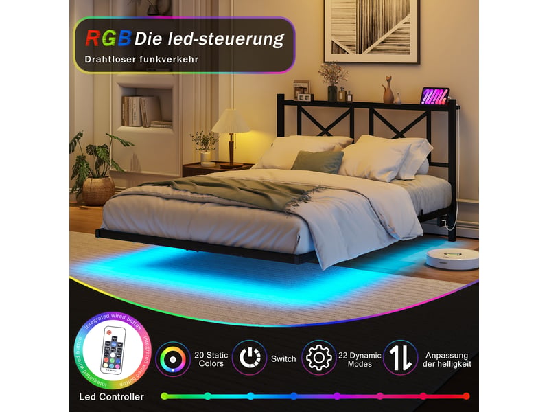  Lit 2 places 120x200 cm avec éclairage led et station de charge, cadre en métal noir, sans matelas  - Conforama D