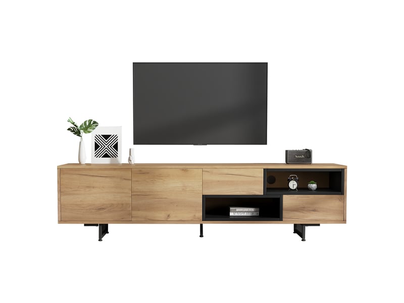  Meuble tv bas 173 x 38 x 48 cm portes 2 casiers escalier tiroirs diagonaux panneau particules fini grainé bois  - Conforama A