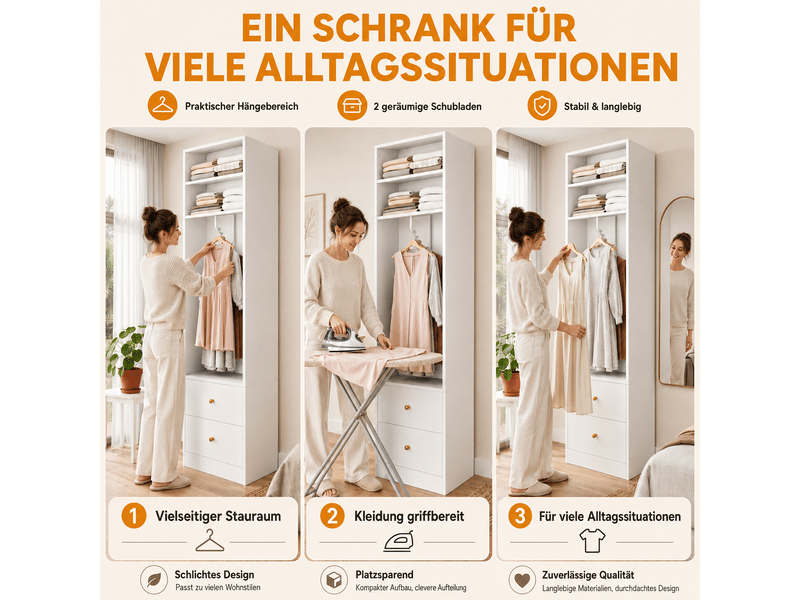  Armoire penderie 50 x 30 x 200 cm - 1 barre de penderie - 2 tiroirs - 1 compartiment de rangement - mdf et acier - blanc  - Conforama E
