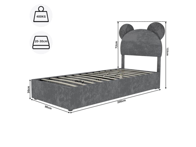  Lit rembourré moderne 90x200 cm avec tête de lit cartoon coffre hydraulique velours chambre enfant, sans matelas, gris  - Conforama D