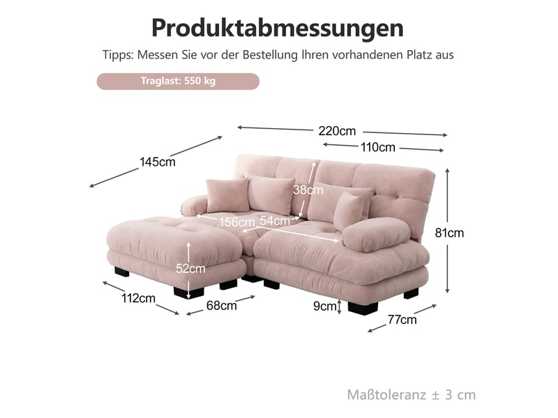  Canapé d’angle 2 places modulable en chenille rose avec ottoman mobile et 4 coussins  - Conforama E