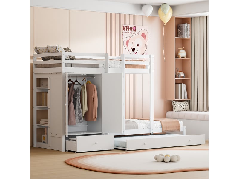  Lit superposé enfant 90 x 200 cm avec lit gigogne, armoire et tiroirs, blanc  - Conforama B