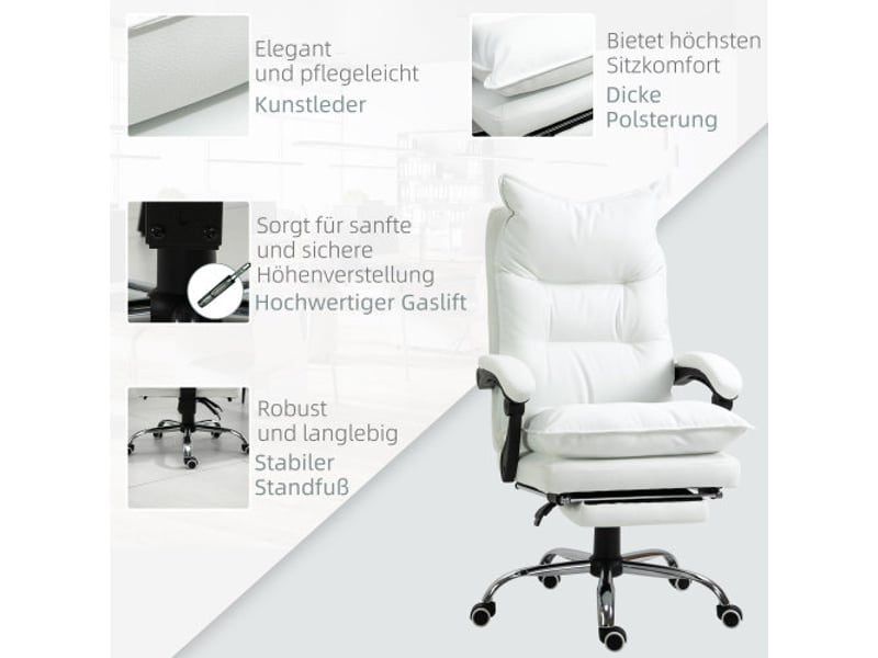 Chaise de bureau inclinable avec repose-pieds, dossier, réglable en hauteur, pivotante, blanc - Conforama E