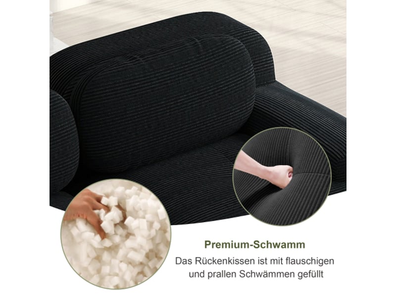 Canapé 2 places tissu velours côtelé noir, mousse 32d haute résilience, accoudoirs courbés, antidérapant, pour salon et chambre - Conforama B