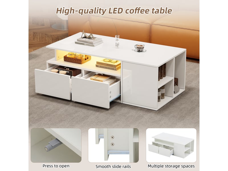  Table basse avec led 100x50x35 cm table de salon blanche 2 tiroirs  - Conforama W