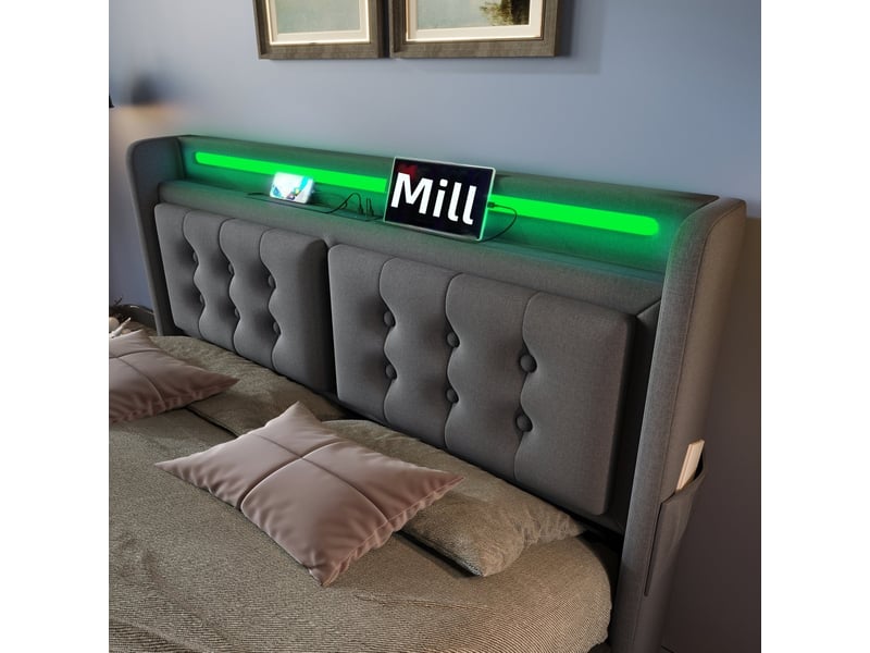 Lit coffre 160x200 cm avec matelas, tête de lit led et usb c, cadre métallique et bois, rangement hydraulique, gris, coton evarich - Conforama E