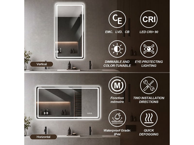  Miroir led salle de bain 60x100 cm sans cadre, antibuée, éclairage réglable  - Conforama C