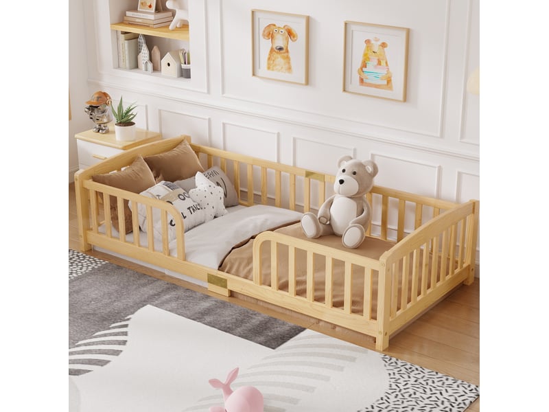  Lit au sol enfant 90x200 cm en bois de pin naturel avec barrières de sécurité  - Conforama D