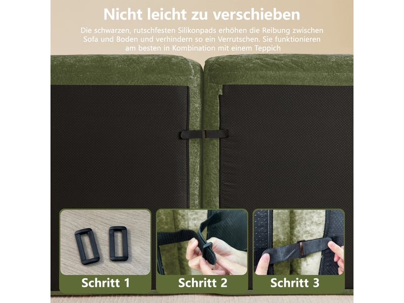  Canapé modulable 3 places en u, revêtement chenille vert, design sans dossier, inclut 2 poufs, idéal salon  - Conforama E