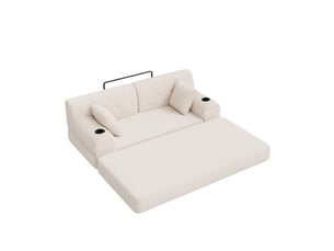 Canapé droit convertible 2 places en velours côtelé beige 168x80x81 cm, dossier haut, porte-gobelets, poches, salon
