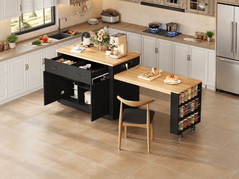  Îlot de cuisine extensible, table coulissante de 115 cm, 2 tiroirs, 2 portes, prises usb, roulettes, noir et bois  - Conforama B