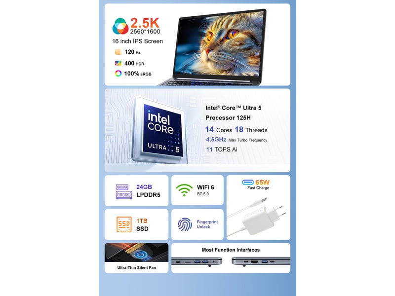 Ninkear ordinateur portable 16 intel ultra 5 125h-lpddr5 24gb+1tb ssd gris argent - Conforama C