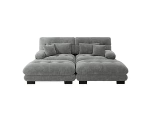 Canapé d'angle modulable 2 places en chenille gris avec 2 poufs