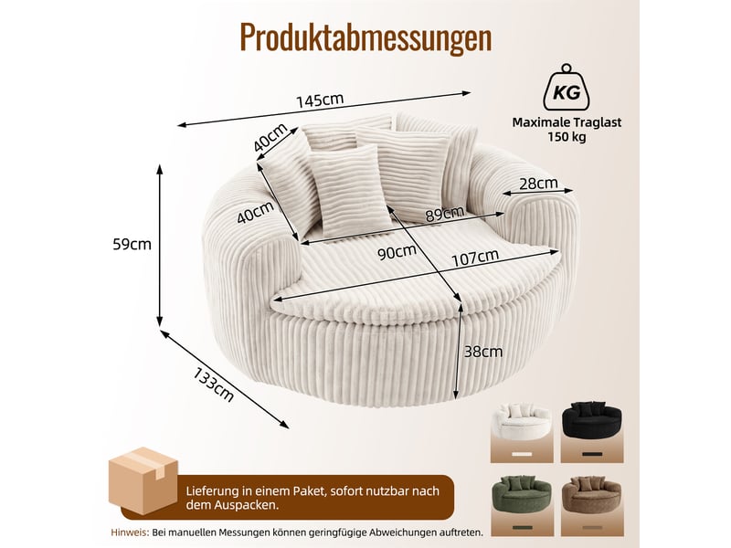  Fauteuil lounge 145x133x59 cm en velours côtelé, assise profonde, 5 coussins, accoudoirs enveloppants, rembourrage mousse et ressorts ensachés, beige  - Conforama C