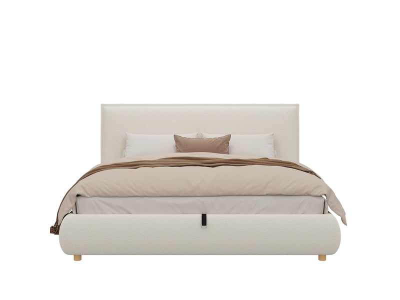  Lit coffre rembourré double 180x200 cm vérin sommier lattes tête lit bois massif blanc bouclé  - Conforama A