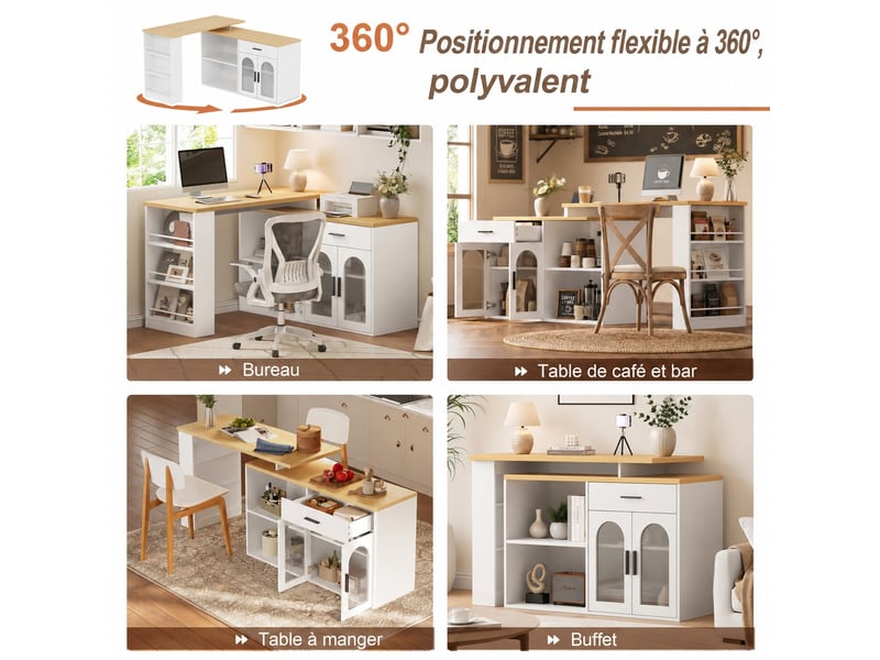  Îlot de cuisine avec plateau pivotant à 360° 136 x 50 x 78 cm, tiroir, étagères, portes vitrées et rangement, blanc  - Conforama E