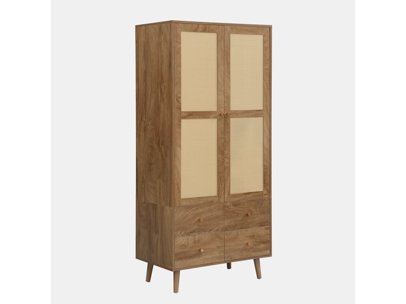  Armoire penderie 80x50x180 cm effet cannage, tringle à vêtements, étagères et 2 tiroirs, sur pieds, mdf effet noyer foncé pour chambre  - Conforama A