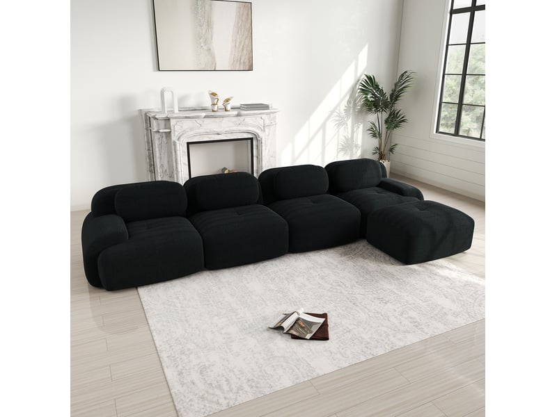  Canapé d'angle modulable 4 places en velours côtelé noir avec méridienne  - Conforama B