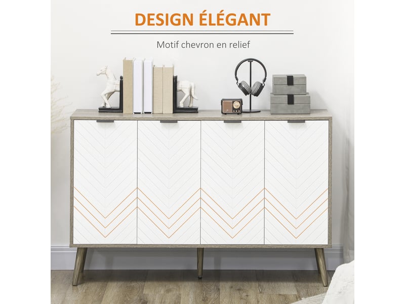 Buffet bas meuble de rangement 2 placards 4 portes motif chevrons réglables étagères 120 x 35 x 77,4 cm blanc et gris - Conforama E