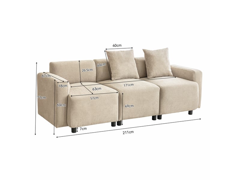  Canapé 211x67x71 cm, 3 à 4 places, assise large, dossier haut, chenille beige  - Conforama C
