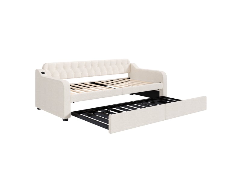 Lit banquette beige 90x200 cm avec lit gigogne et prise usb - Conforama E