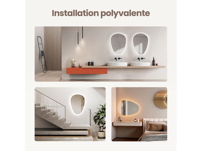 Miroir salle de bain led emke 70 x 50 cm, forme goutte, anti-buée, 3 températures, intensité réglable, tactile  - Conforama E
