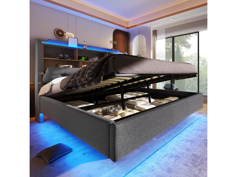  Lit coffre 180x200 cm, lit double, rangement hydraulique, led, lin gris, usb et usb-c  - Conforama D