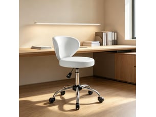 Tabouret de massage à roulettes blanc avec dossier, hauteur réglable 51 à 66 cm, pivotant à 360 degrés