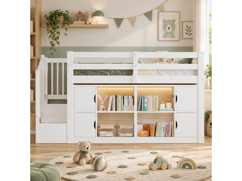  Lit mezzanine 90x200 cm blanc en bois, escalier rangement, bibliothèques, placards et led  - Conforama D