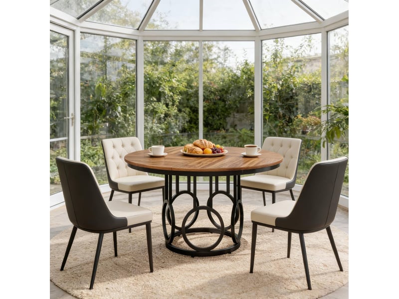  Table de salle à manger pour 4 à 6 personnes avec plateau rond, style industriel, en mdf et métal, noir et brun, 120 × 120 × 75 cm  - Conforama C