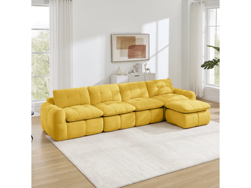  Canapé d’angle modulable 4 places en chenille jaune – 334 x 160 x 68 cm Fay Lum - Conforama D