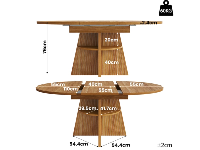  Table à manger extensible 110-150x110x76cm, espace de rangement ouvert, coins arrondis sur plateau épais, aggloméré brun foncé, destination salon  - Conforama C