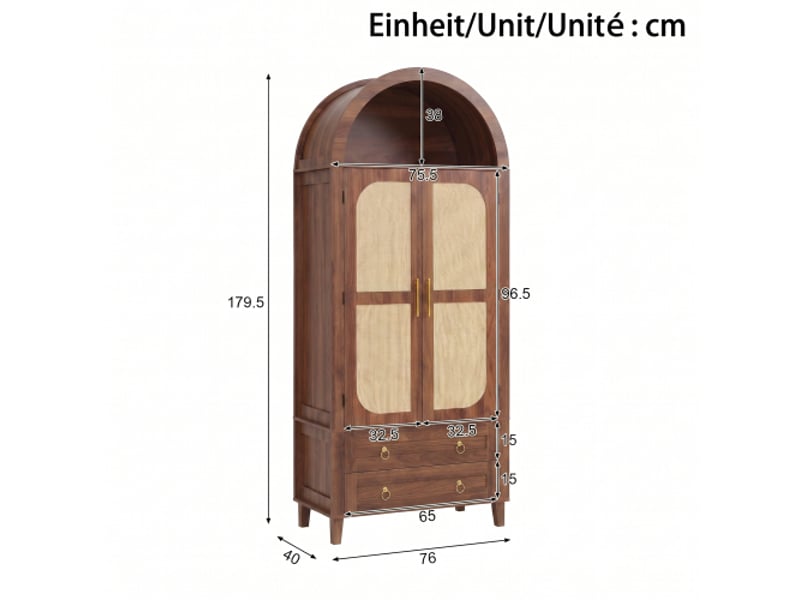  Armoire haute arquée 76x40x179,5 cm noyer, niche led via application, 2 portes effet rotin avec organiseurs, 2 tiroirs, mdf et panneaux  - Conforama C