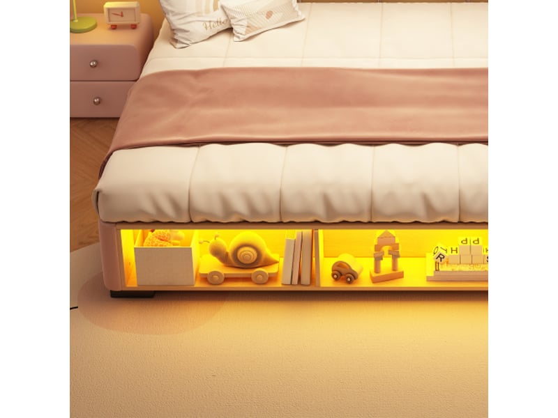  Lit enfant rose 140x200 cm avec led latérale et étagère - rangement ouvert, tête modulable 3 côtés, basse hauteur  - Conforama E