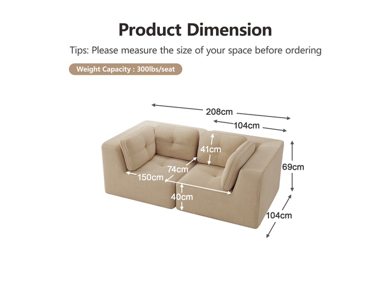 Canapé d'angle modulaire sans armature avec assise profonde et larges accoudoirs en velours côtelé beige  - Conforama E