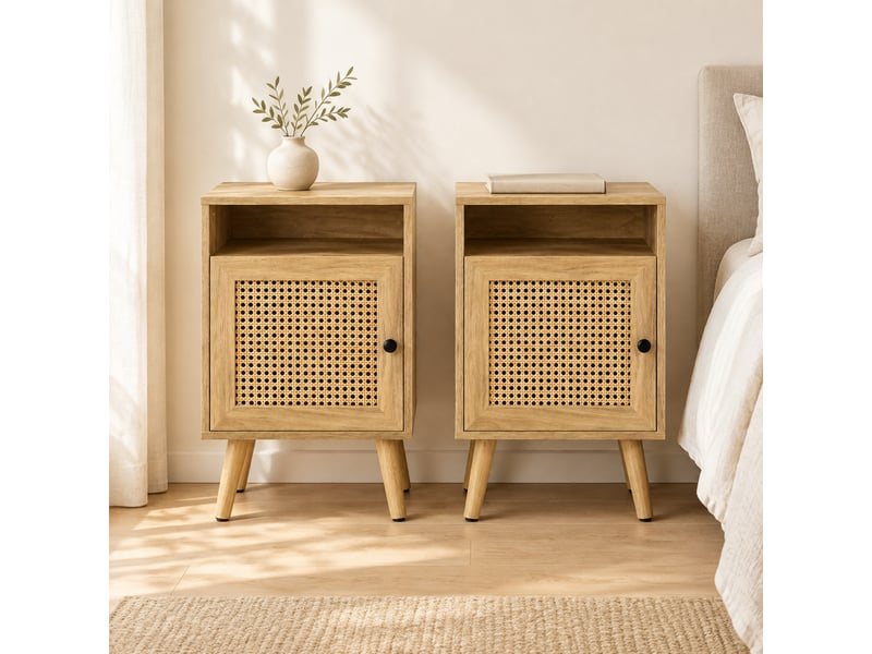 Lot de 2 tables de chevet avec niche et porte en rotin, coloris naturel - Conforama B