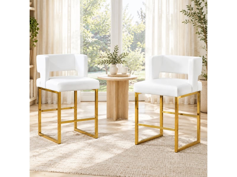  Lot de 2 tabourets de bar 53x48x91 cm, chaises hautes avec assise carrée, pieds métal doré, meuble cuisine, blanc pu  - Conforama B