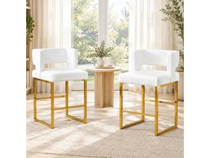 Lot de 2 tabourets de bar 53x48x91 cm, chaises hautes avec assise carrée, pieds métal doré, meuble cuisine, blanc pu