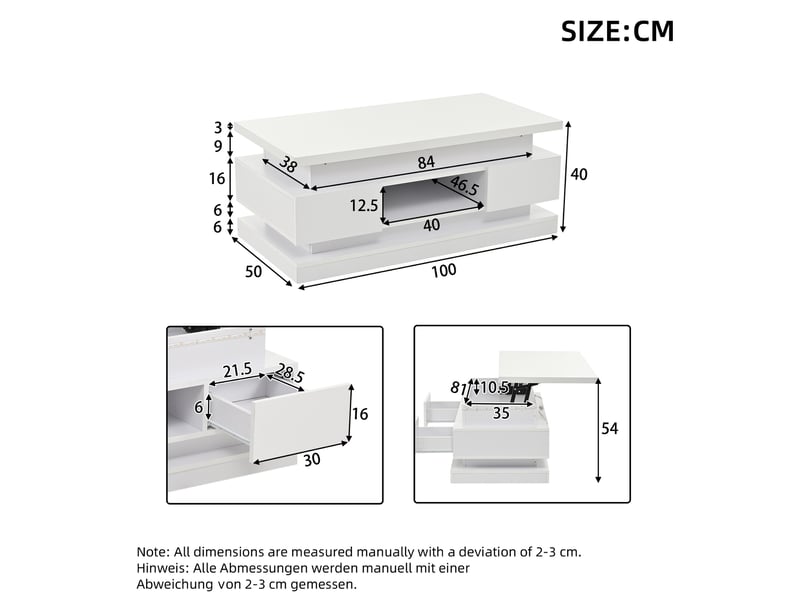  Table basse relevable blanche avec led, 2 tiroirs et rangement - 100 x 50 x 40 cm  - Conforama E
