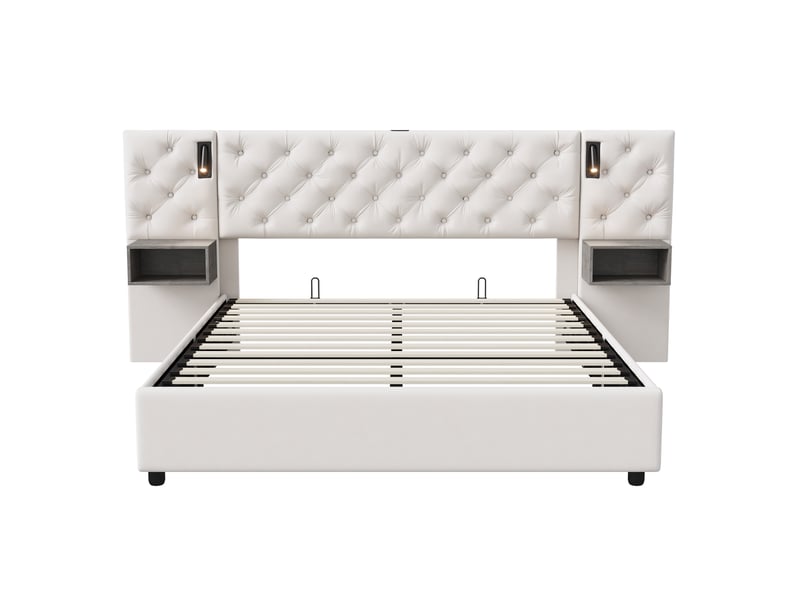  Lit double coffre - 160 x 200 cm - beige - velours, tête de lit capitonnée, éclairage led, tables de chevet intégrées et vérins hydrauliques  - Conforama D