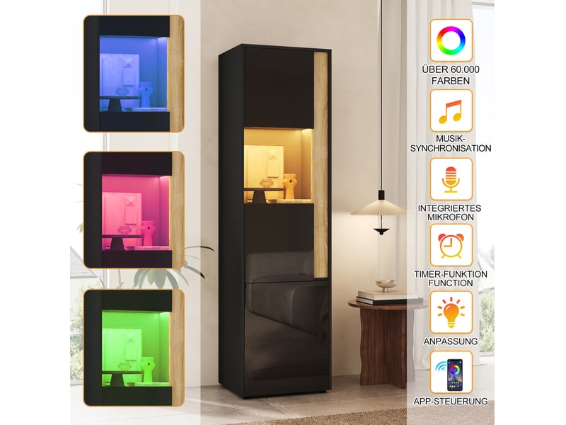  Vitrine haute 50x40x179 cm avec led réglable noir et bois naturel  - Conforama E
