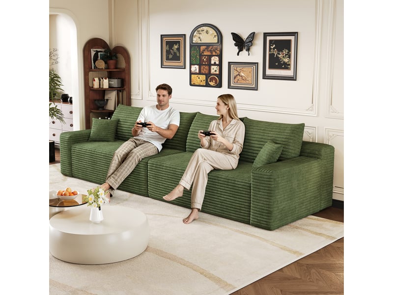  Canapé droit modulaire 302 cm sans structure ni montage, canapé-lit en mousse et velours côtelé doux, style moderne minimaliste pour salon, vert OPULERANE TRADING LTD - Conforama E