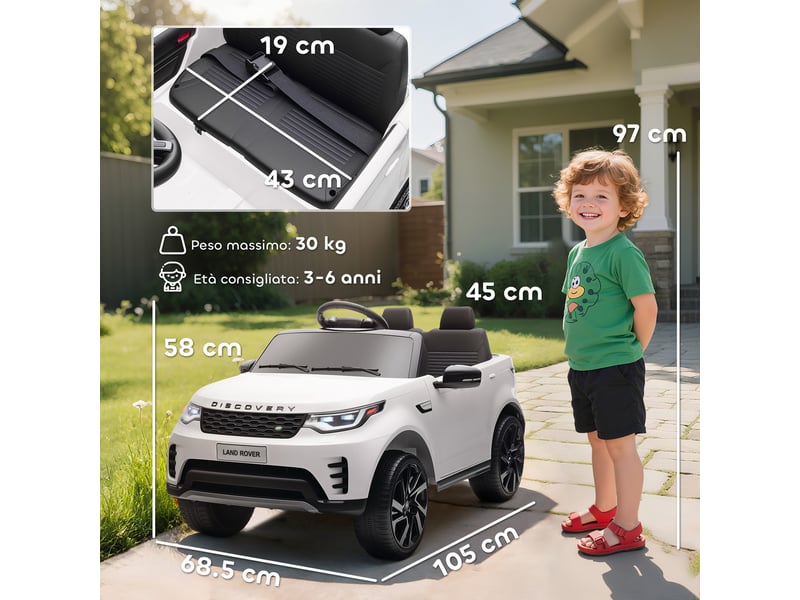 Voiture électrique land rover sous licence, avec phares led, klaxon et télécommande, 105 x 68,5 x 58 cm, blanche - Conforama E