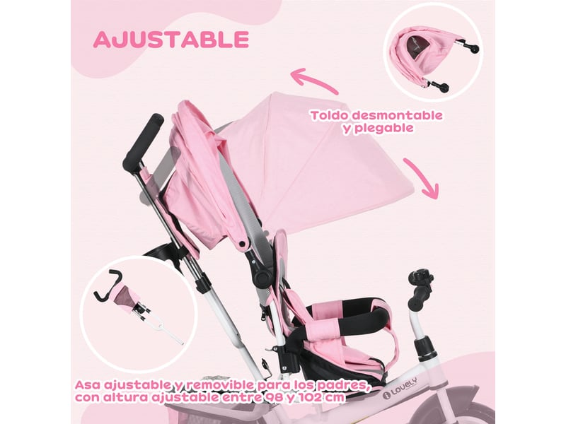 Tricycle pour bébé dès 12 mois avec poignée télescopique et amovible, sac à langer et porte-biberon - rose - Conforama E