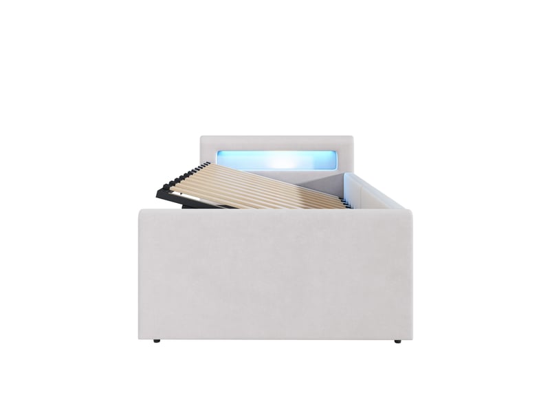  Lit enfant 90x200, velours beige, led, usb, étagère et rangement hydraulique  - Conforama E