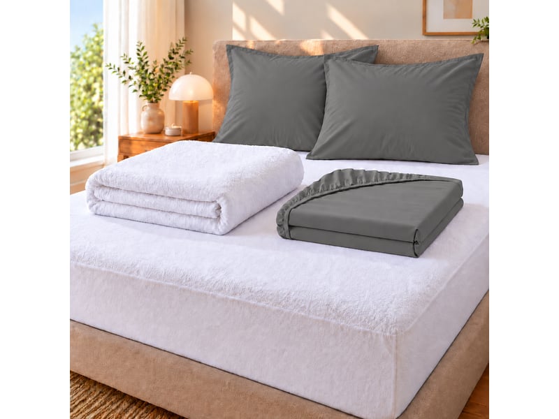  Pack literie protège matelas 140x190 imperméable + drap housse + 2 taies anthracite  - Conforama A